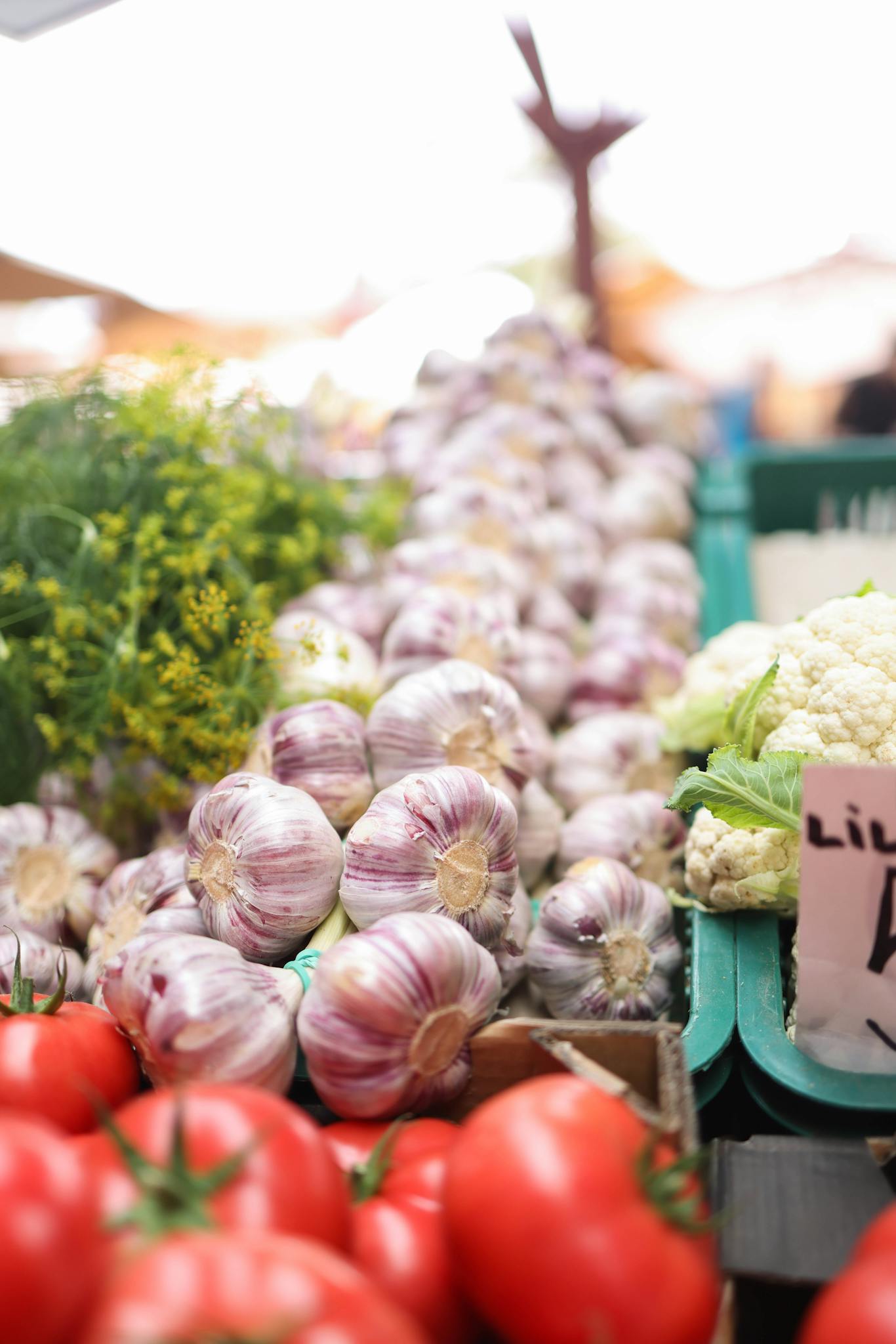 Colorful array of garlic, tomatoes, and cauliflower at an outdoor market stall.